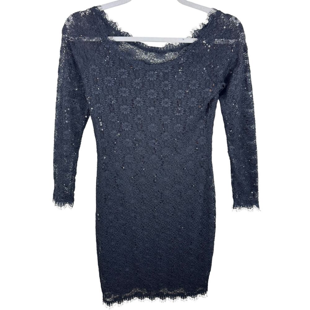 Onyx Nite Black Sequin Lace‎ Long Sleeve Knee Length Lined Stretch Dress Size 14